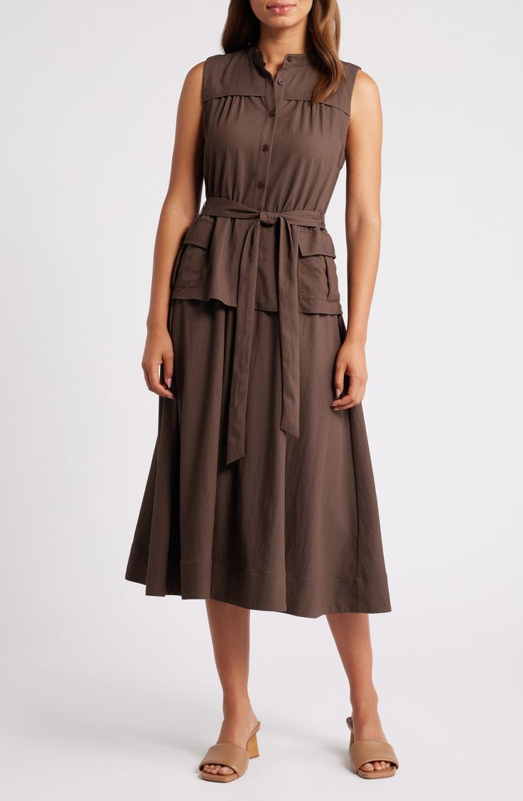 Cargo pockets lend utilitarian flair to a sleeveless midi dress cast in a delightfully earthy hue. 46" length (size Medium) Front button closure Band collar Sleeveless Side cargo flap-patch pockets Removable tie belt Unlined 65% polyester, 35% nylon Dry clean Imported Olive Sleeveless Midi Dress, Chic Sleeveless Khaki Midi Dress, Khaki Sleeveless Midi Dress For Spring, Khaki Sleeveless Dress With Pockets, Khaki Sleeveless Dress For Work, Brown Midi Dress With Pockets For Summer, Brown Summer Midi Dress With Pockets, Brown Workwear Dress With Pockets, Midi-length Sleeveless Dress With Pockets For Work