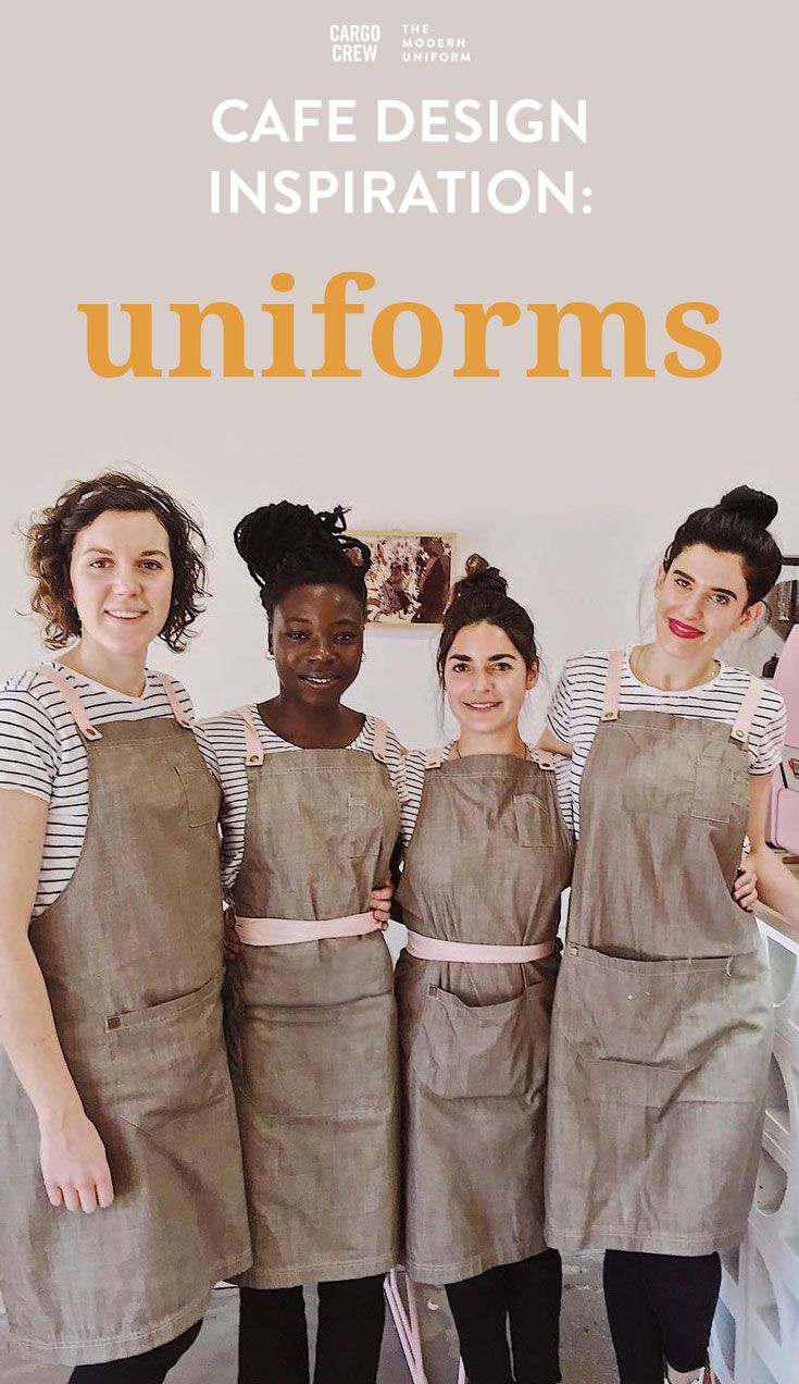 four women in aprons stand together with their hands on their hips and the words cafe design inspiration uniforms