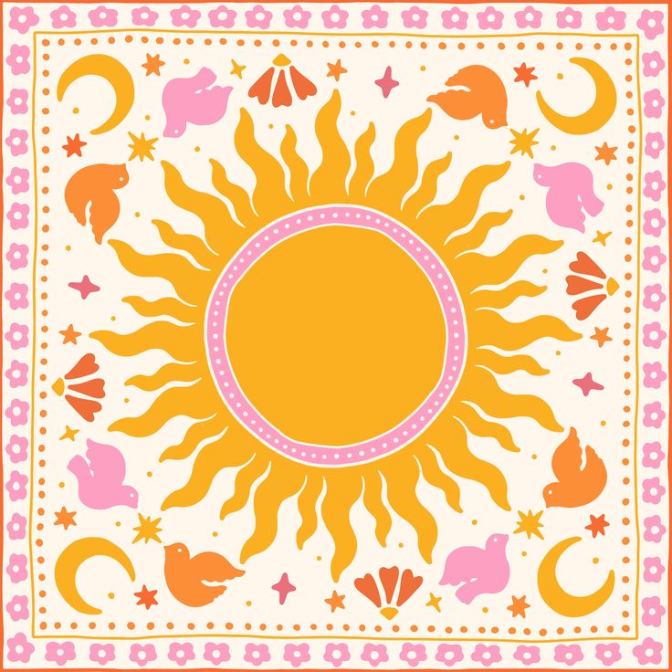 an orange and pink sun with stars, moon, and other items around it on a white background