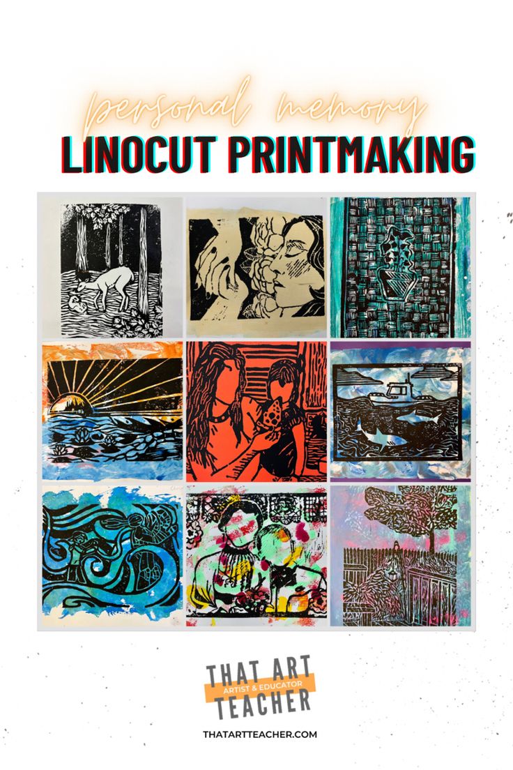 an advertisement for linocut printmaking, featuring images of people and their artwork