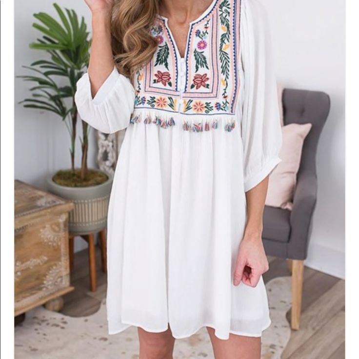 Perfect Boho Dress! Floral Embroidered, Multi-Colored Tassels, 3/4 Sleeves. Brand New, Never Worn. Spring Embroidered Half Sleeve Dresses, Half Sleeve Embroidered Spring Dress, Half Sleeve Embroidered Dress For Spring, Bohemian White Half Sleeve Dress, Bohemian Dresses With Floral Embroidery And 3/4 Sleeves, Casual Embroidered Dress With 3/4 Sleeves, Dress And Gloves, Cream Mini Dress, Target Dress