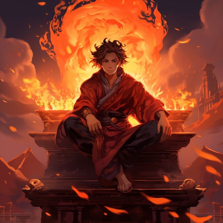 a young man sitting on top of a stone structure in front of a fire filled sky