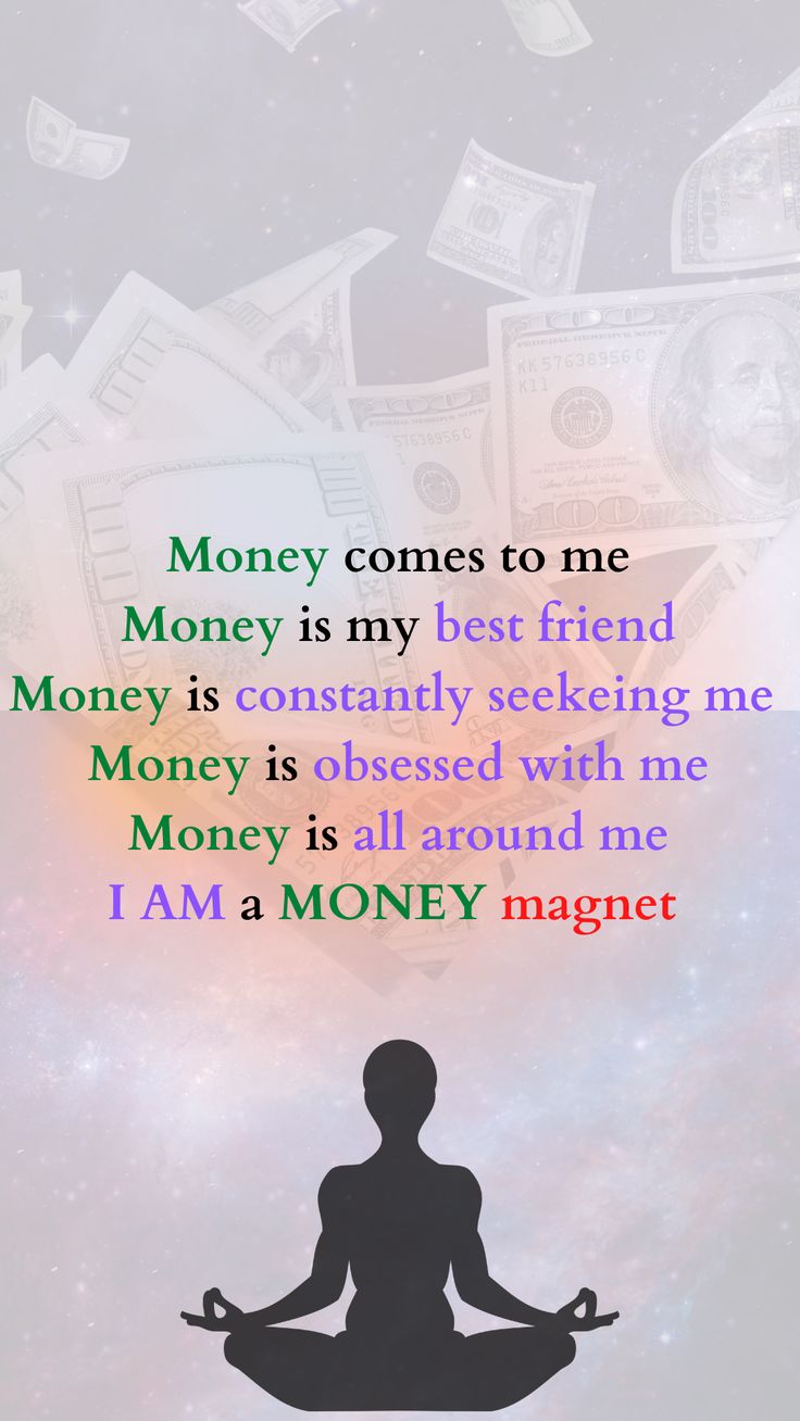 a person sitting in a lotus position with money flying around him and the words money comes to me