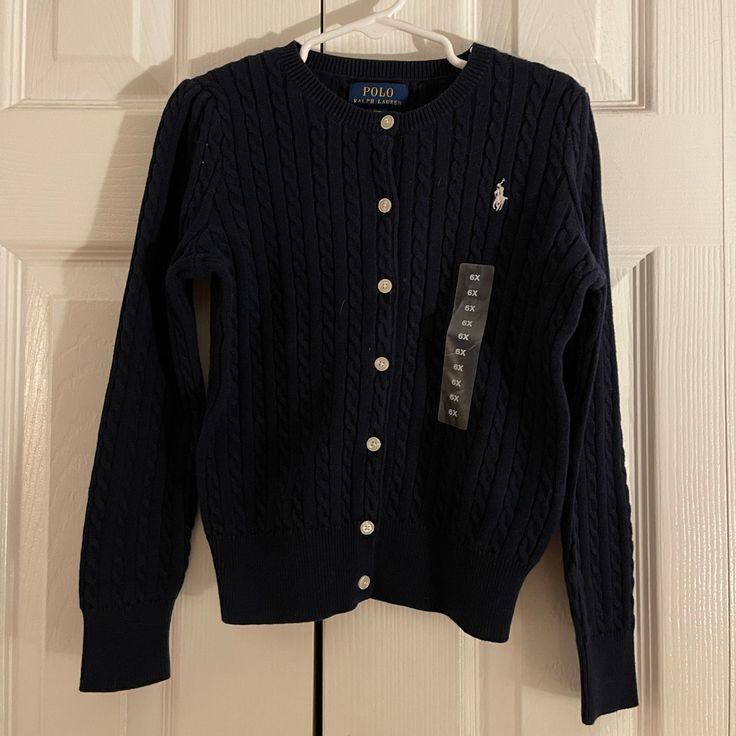 Nwt Kids Ralph Lauren Cardigan Size 6x Navy Button-up Winter Tops, Blue Sweater For School In Fall, Blue Fall Sweater For School, Navy Cotton Cardigan For Winter, Navy Cotton Winter Cardigan, Preppy Blue Outerwear For Fall, Fitted Preppy Winter Sweater, Preppy Long Sleeve Fitted Sweater, Preppy Fitted Long Sleeve Sweater