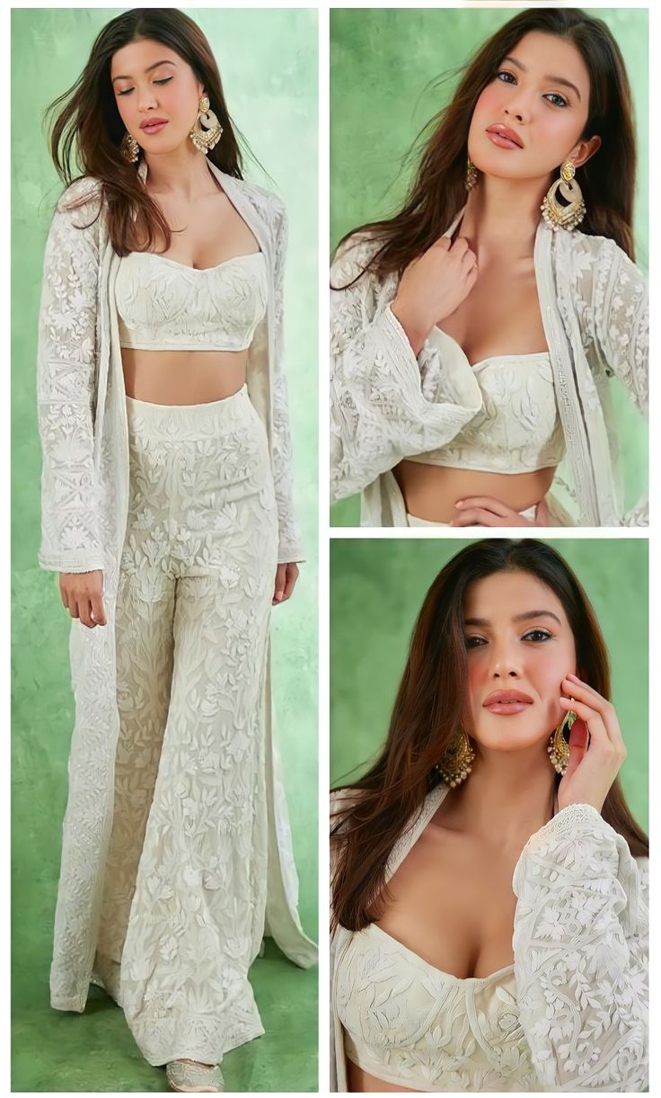 White Outfits Indian, Off White Traditional Outfit, 3 Piece Traditional Wear, Off White Dress Outfit Indian, 3 Piece Indian Outfit, Mendhi Night Outfit Guest, Co Ord Sets Pants Indian Wedding, Two Piece Outfits Traditional, White Sarara Dress