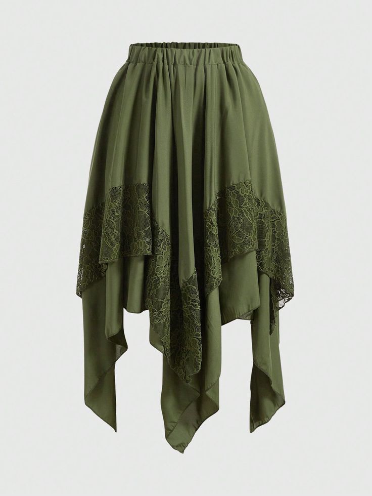 Plus Size Asymmetrical Skirt With Elasticated Waist And Lace Trim Army Green Casual   Woven Fabric Plain Asymmetrical Non-Stretch  Women Plus Clothing, size features are:Bust: ,Length: ,Sleeve Length: Hobbit Clothes, Romwe Fairycore, Short Flowy Skirt, High Wasted Skirt, Dark Green Skirt, Long Green Skirt, Ren Faire Outfits, Pixie Skirt, Skirts Flowy