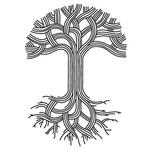 a tree with roots in the shape of a letter t on a white background, vintage line drawing or engraving illustration