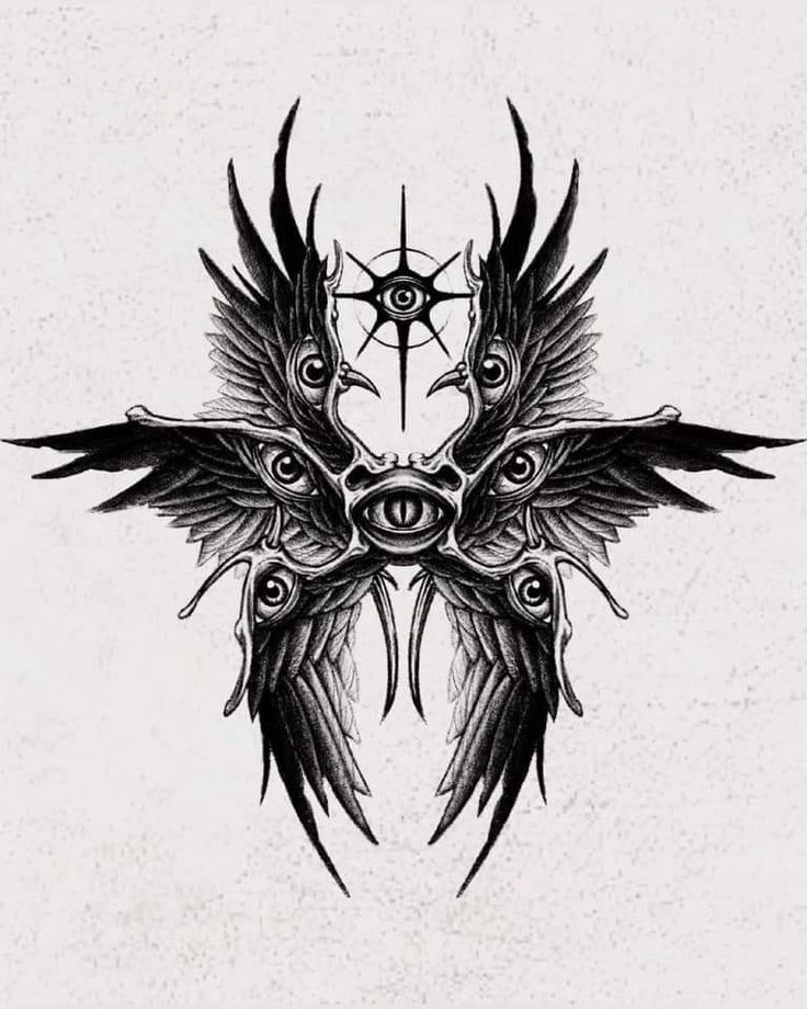 an artistic tattoo design with wings and eyeballs