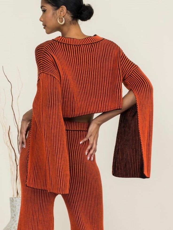 Ribbed Sweater Set - The Vault by Sacha Trendy Tops For Lounging In Fall, Cozy Ribbed Cropped Sweater For Loungewear, Chic Tops For Lounging In Fall, Chic Fall Tops For Lounging, Oversized Ribbed Cropped Sweater For Loungewear, Oversized Cropped Knit Tops, Ribbed Cropped Sweater For Fall Loungewear, Trendy Spring Sweater For Lounging, Oversized Ribbed Cropped Sweater