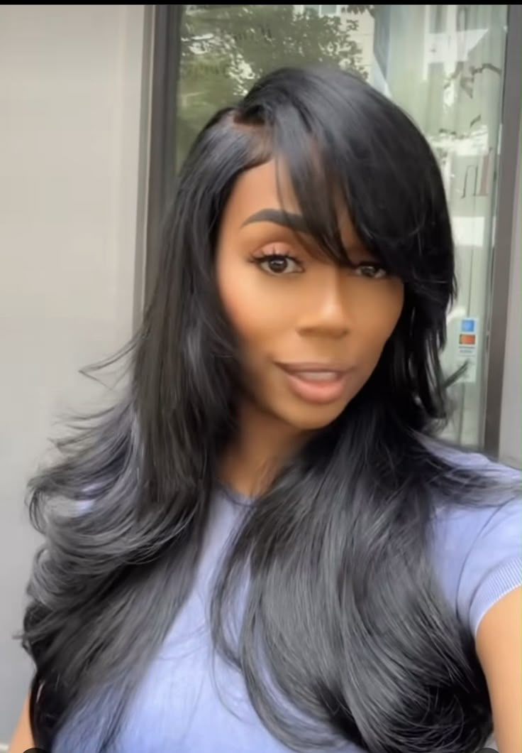 Weave With Side Bangs, Jet Black Side Part Quickweave, Long Hair Weave Styles For Black Women, Aaliyah Layered Hair, 90s Layered Wig, Side Bang Sew In, Side Part Sew In Layers, Side Bang Black Women, Curtain Bang Sew In