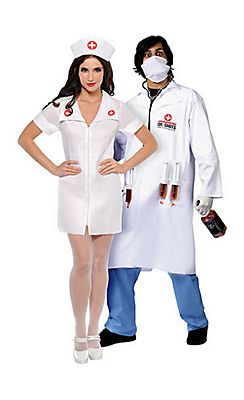 two people dressed as doctors and nurses standing next to each other