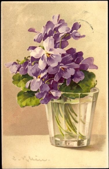 a painting of purple flowers in a glass vase