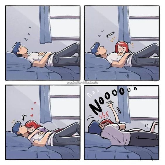 a comic strip shows a woman laying on her stomach and the man lying down in bed