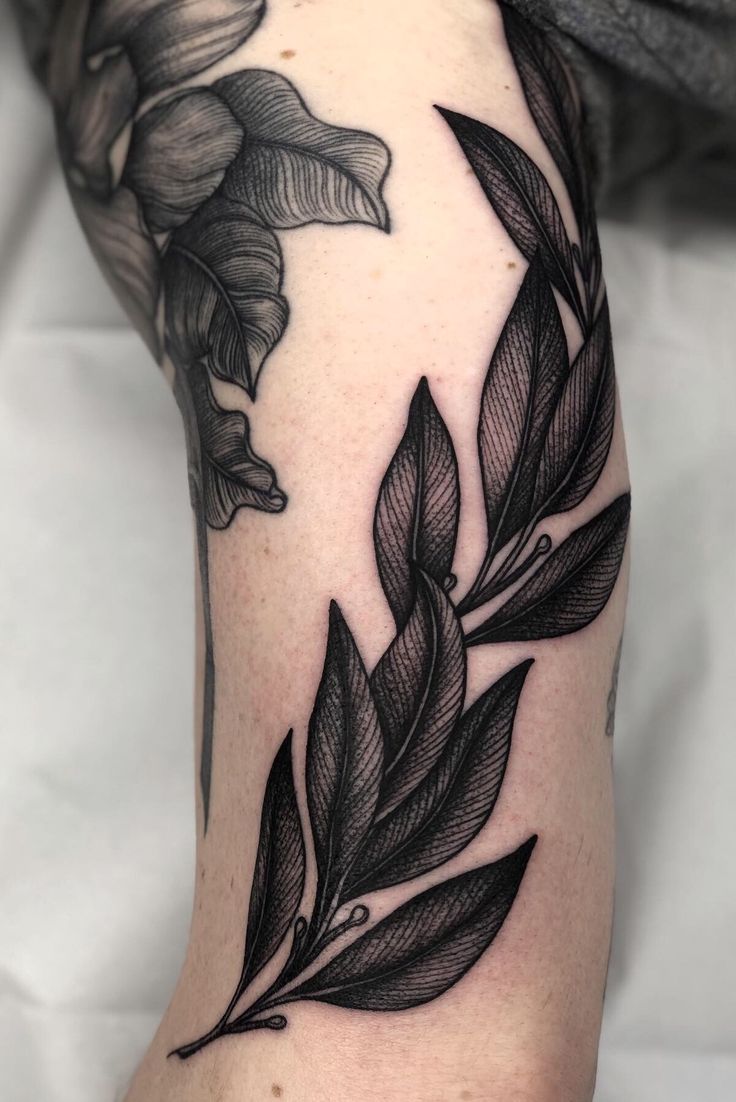 a black and white flower tattoo on the left arm, with leaves around it's edges