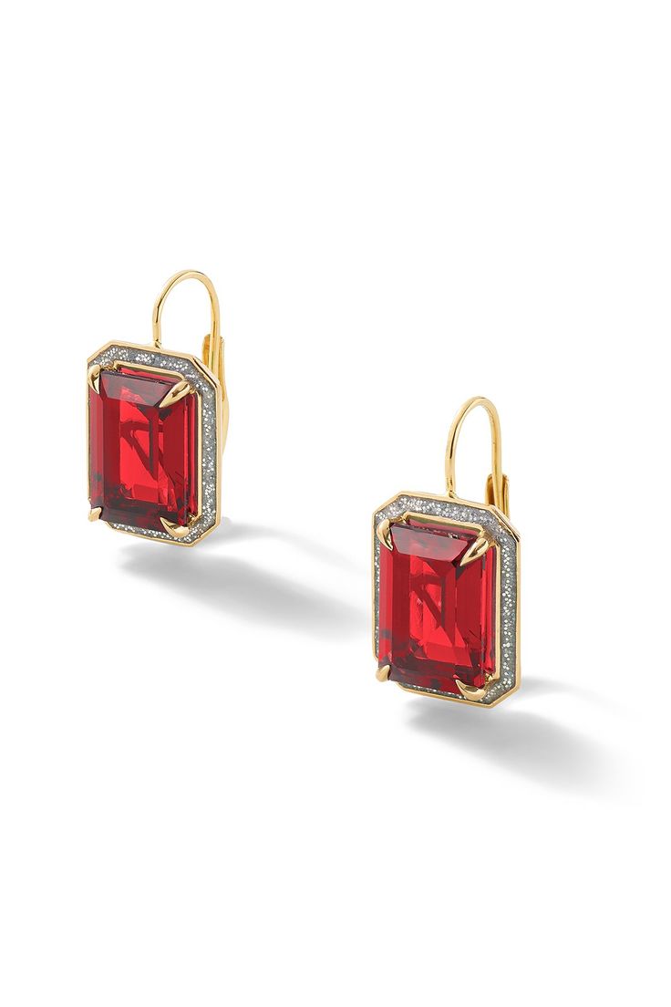 Make a statement with our 14K Yellow Gold Rectangular Cocktail Drop Earrings featuring silver glitter enamel and lab created gemstones. Choose from Ruby, Blue Sapphire, or Emerald. Due to the custom nature of this product, please 20 business days for production. These are final sale. 14K Yellow Gold, Made in New York City Luxury Gemstone Accented Earrings For Party, Elegant Rectangular Jewelry For Evening, Emerald Cut Jewelry For Evening Wear, Elegant Rectangular Earrings With Gemstone Accents, Elegant Rectangular Gemstone Accent Earrings, Elegant Rectangular Gemstone Accented Earrings, Baguette Cut Gemstone Evening Jewelry, Rectangular Fine Jewelry For Evening, Baguette Cut Gemstone Jewelry For Evenings