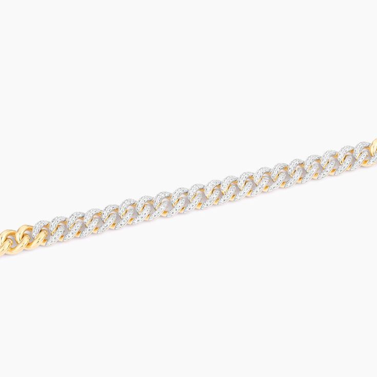 SKU# B-40421 6.5" Chain + 1" Extender Total length 7.5" Diamond Weight 0.55cts Cuban Chain Size 4.40 mm Lobster clasp closure Finish 14k gold plated sterling silver or in sterling silver. Avoid contact with anything containing derivatives of alcohol. Classic Link Chain Tennis Bracelet, White Gold Diamond Bracelet, Tarnish Resistant, White Gold Curb Chain Bracelet, Elegant White Gold Diamond Bracelet With Curb Chain, Formal Sterling Silver Link Bracelet With Curb Chain, Diamond Curb Chain Bracelets For Formal Occasions, White Gold Cuban Link Chain Bracelet, Elegant Cuban Link Bracelet With Lobster Clasp, Classic Gold Chain Bracelet With Diamond Accents