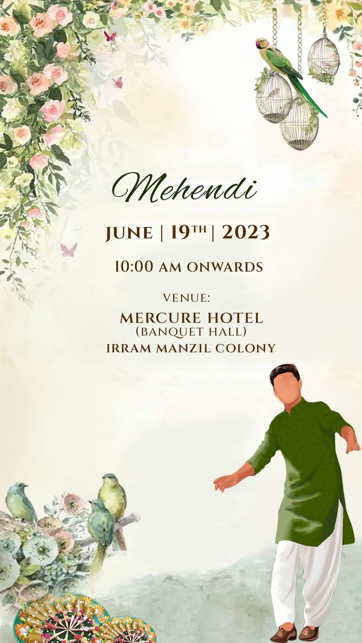 an advertisement for a hotel with a man in green shirt and white pants holding a birdcage