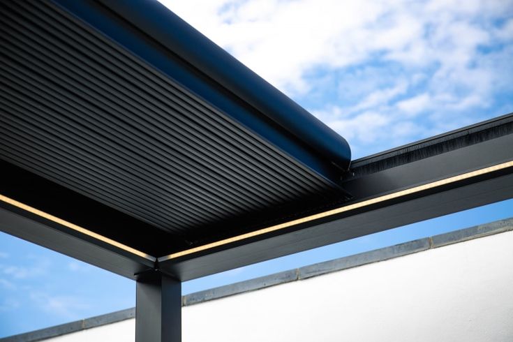 the roof of a building with blue skies in the backgrounge and white clouds in the background