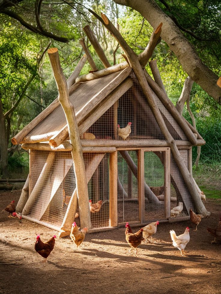 several chickens are walking around in front of a chicken coop that is made out of logs