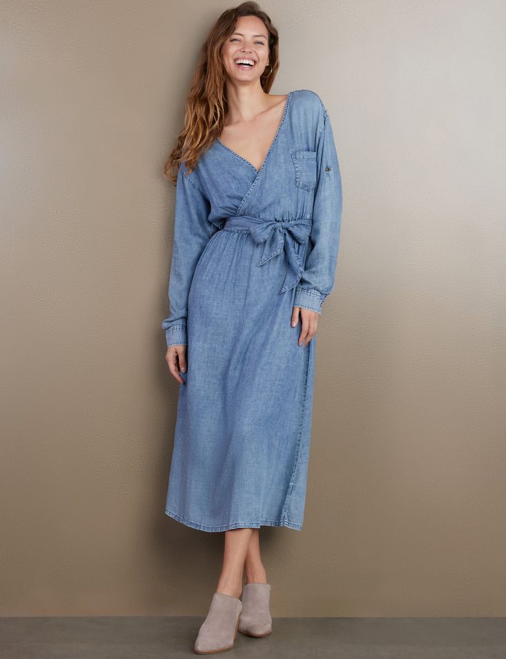 Women's Designer Surplice Crossover Chambray Dress Denim Midi Dress With Relaxed Fit, Chic Relaxed Fit Denim Dress For Day Out, Relaxed Fit Denim Midi Dress, V-neck Viscose Dresses For Loungewear, Viscose V-neck Dresses For Loungewear, Fitted Long Sleeve Washed Blue Dress, Spring Denim Midi Dress In Relaxed Fit, Viscose V-neck Loungewear Dress, Blue Relaxed Fit Dress For Spring