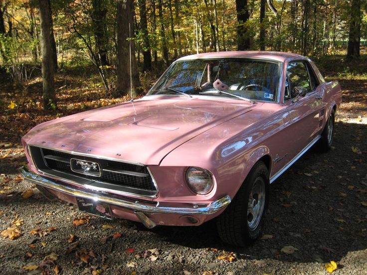 an old pink mustang is parked in the middle of some trees and leaves on the ground