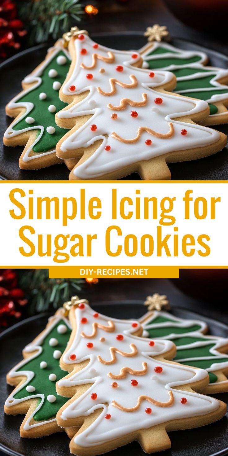 two christmas cookies on a plate with the words, simple icing for sugar cookies