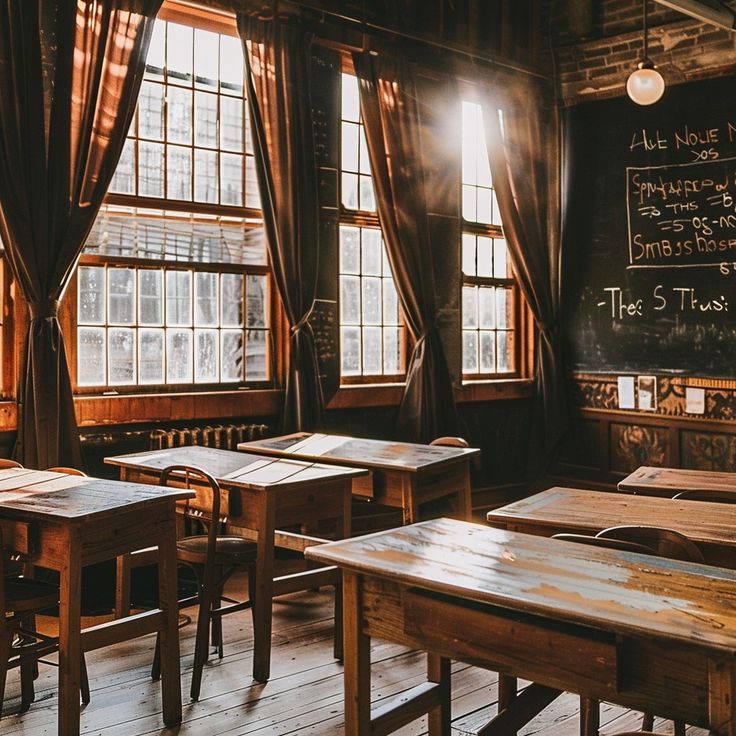 an old fashioned classroom with wooden desks and chalkboard on the wall in front of two windows