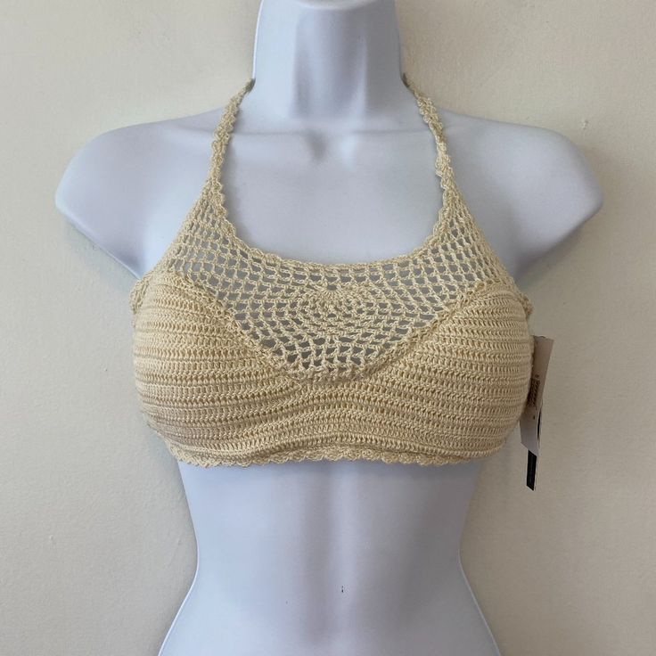 Ivory Crochet Halter Tie Top Check Out My Store For More Mix & Match Bikini Options! Beige Halter Neck Crochet Top For Summer, Summer Beige Crochet Halter Neck Top, Fitted Open Knit Tops For Beach, Fitted Open Knit Tops For The Beach, Beige Open Knit Crop Top For Summer, Fitted Triangle Beige Crop Top, Beige Crochet Stretch Top, Fitted Beige Triangle Crop Top, Beige Stretch Crochet Top