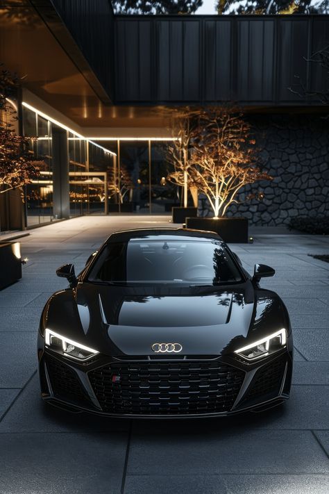 a black sports car parked in front of a building at night with its lights on