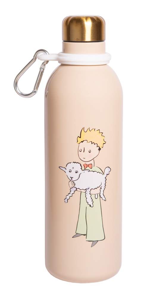 a pink water bottle with an image of a little boy holding a lamb on it