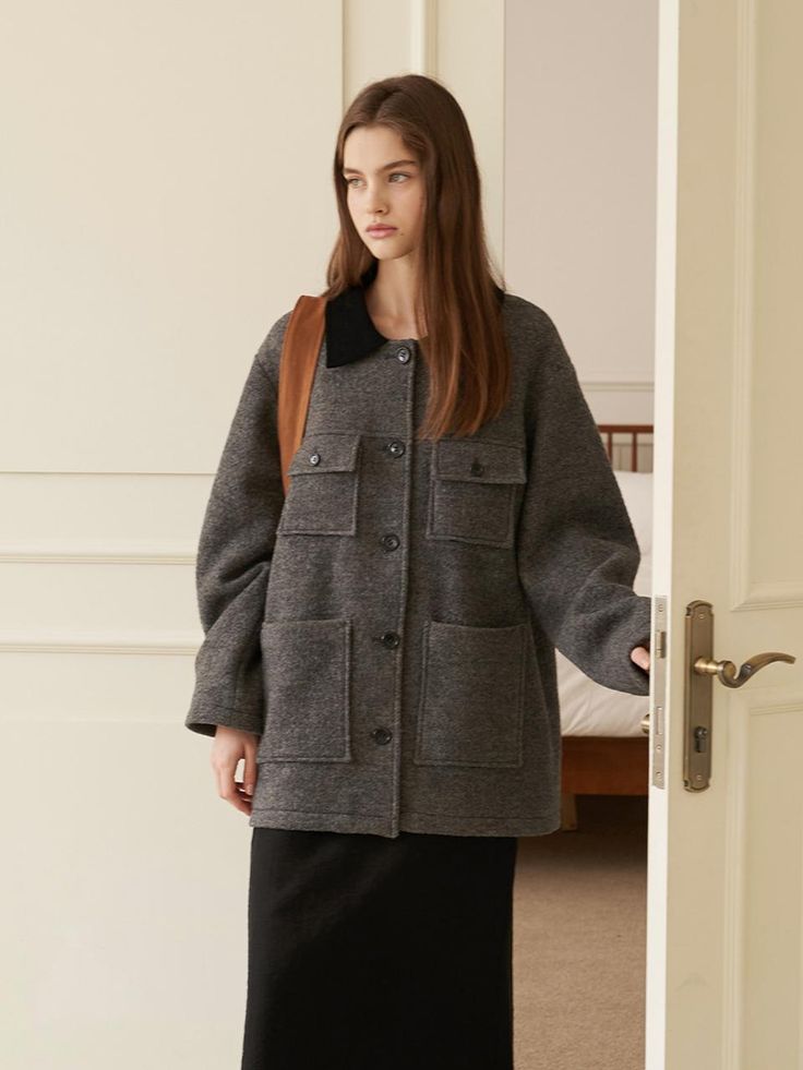 Composition : (Shell)? wool 100% (Lining)?cupra 55% polyester 45%Country of Origin : Republic of Korea Work Jackets, Dress With Cardigan, Gray Jacket, Jackets & Coats, Wool, Grey, The Originals, Clothes For Women, Clothes