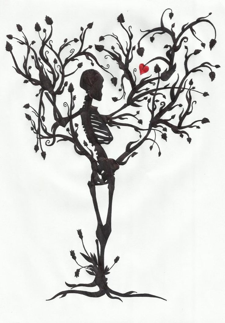 a drawing of a skeleton sitting in a tree with a red heart hanging from it's branches