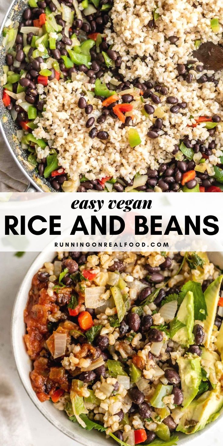 rice and beans in a white bowl on top of a table with other food items