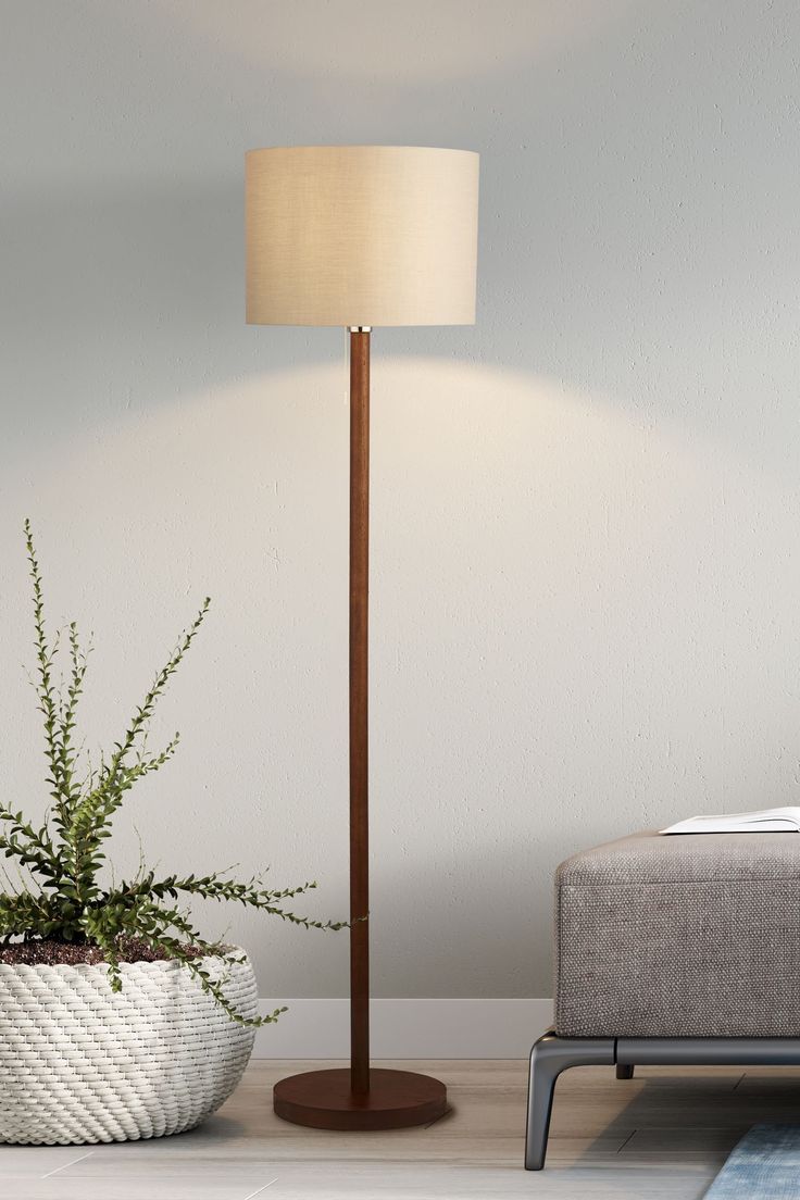 a floor lamp next to a plant in a living room with white walls and carpet