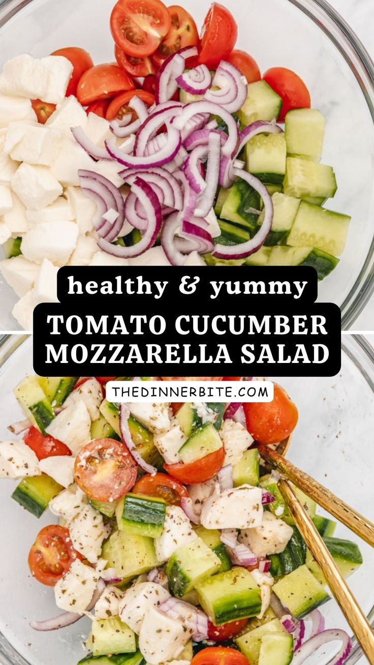 healthy and yummy tomato cucumber mozzarella salad in a glass bowl