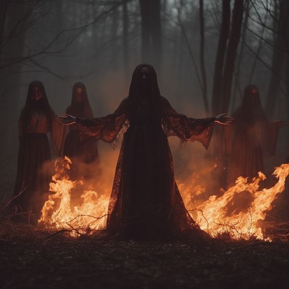 three women dressed in dark robes standing around a fire with their arms spread wide open