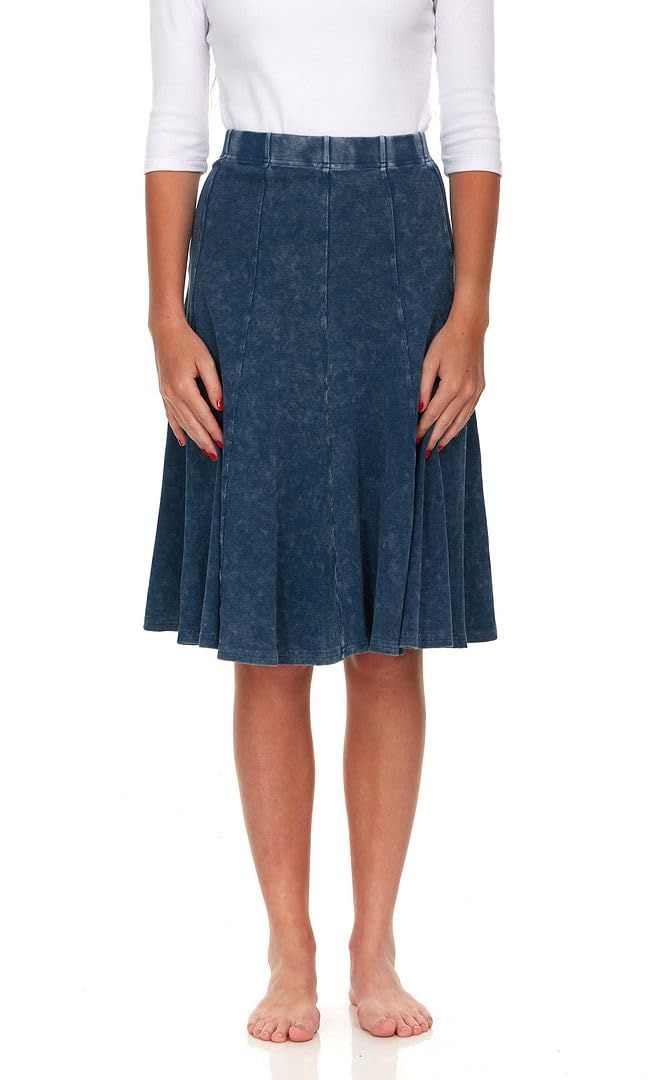 PRICES MAY VARY. COMFORT: Pull On closure, Wide elasticized waistband for a flattering fit. Super soft, with the perfect amount of stretch and amazing recovery. DETAILS: Model measurements: 5'10 wearing a size small. Flattering Midi stonewash denim skirt. Availible in Knee and a longer 27 Inch length. Looks great dressed up or down, for any occasion. AUTHENTIC STYLING: Fit and Flare style with a waistband that sits at one's true waist. PREMIUM QUALITY: Skirts made from premium material. Fashiona Denim Skirt Pattern, Light Denim, Skirt Pattern, Amazon Women, Fit And Flare, Clothing Store, Denim Skirt, Casual Skirts, Knee Length