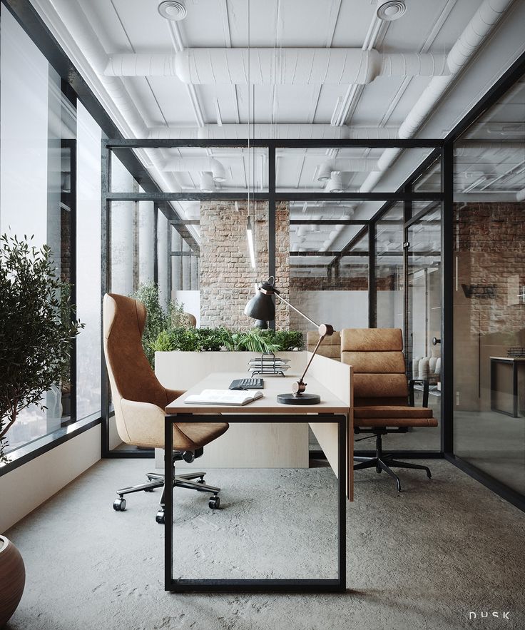 an office with glass walls and lots of plants on the desk, along with two leather chairs