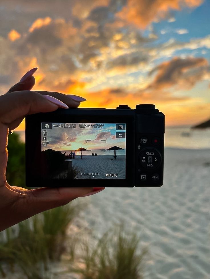 a person holding up a camera to take a photo on the beach at sunset with palm trees in the background