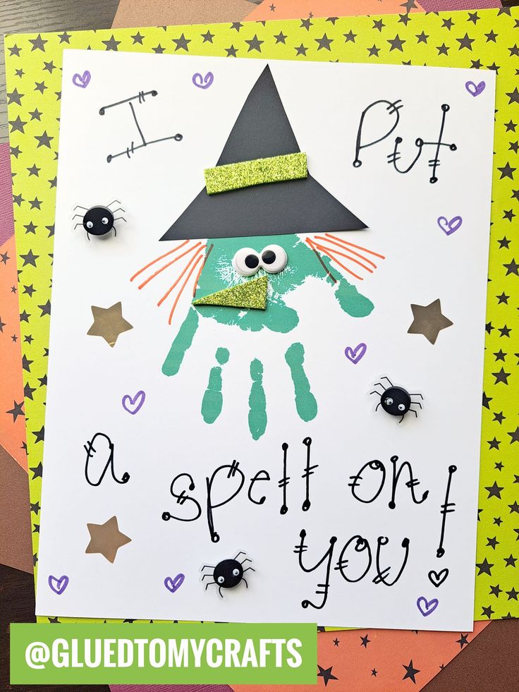 a handprinted halloween card that says, it's spell on you