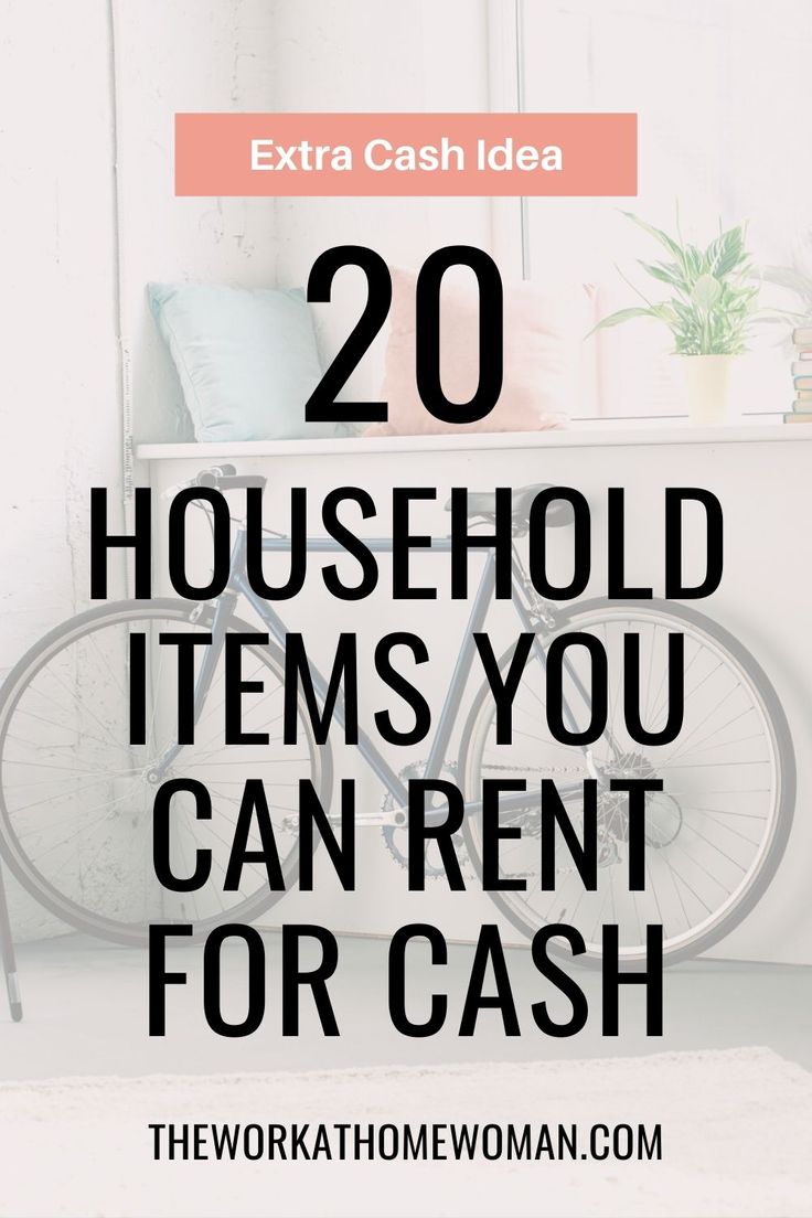 a bike with the words, 20 household items you can rent for cash on it