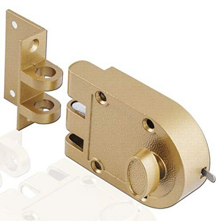 an image of a gold door handle and latch on a white background with space for text