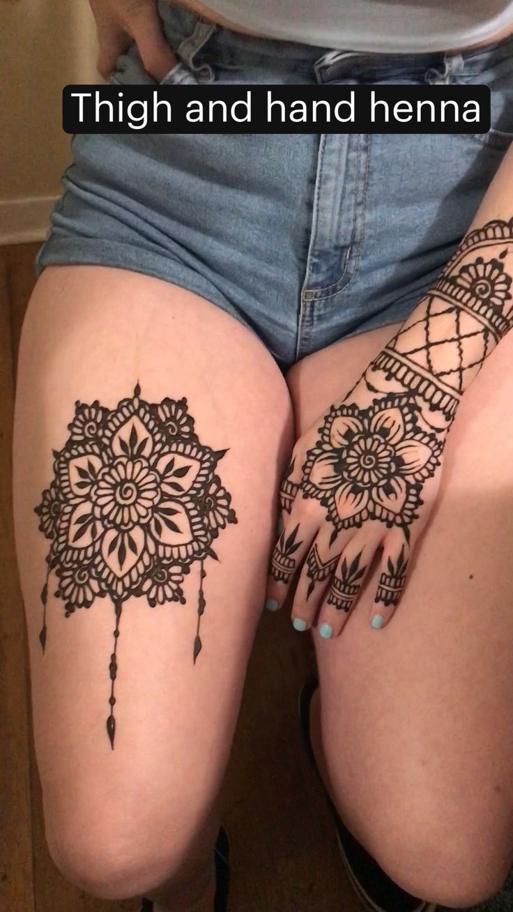 two legs with henna tattoos on them and the words thigh and hand henna