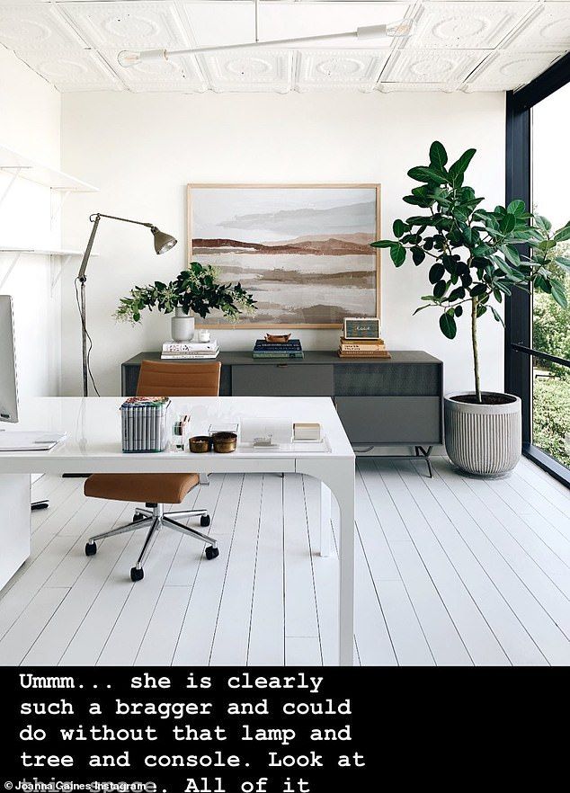 an office with white walls and wood flooring is featured in the ad for joannagannes