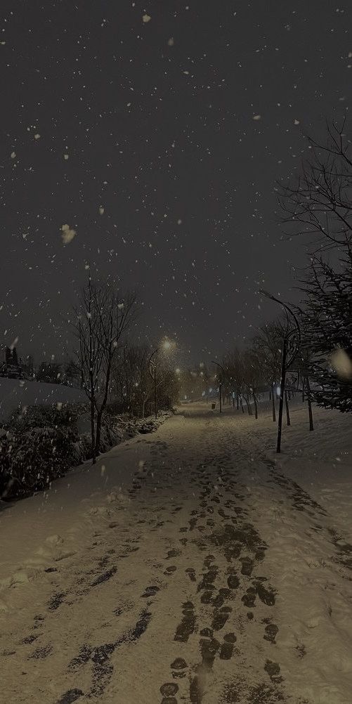 a snowy night with footprints in the snow