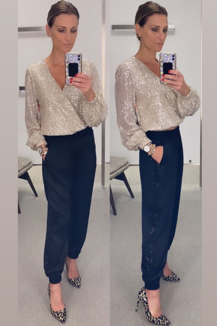 Sparkle Blouse Outfit, Sparkle Shirt Outfit Sequin Top, Styling Sequin Top, Metallic Top Outfit Black Women, Gold Shirt Outfit Blouses, What To Wear With Sequin Pants, Sparkly Top Outfit Party, Batwing Top Outfit, Gold Sequin Top Outfit