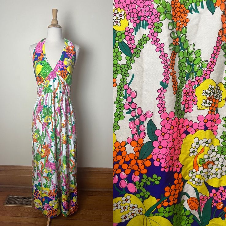 "Vintage 60s unbranded psychedelic halter maxi dress. Gorgeous and delightfully soft 60s floral print halter maxi dress. Brand tags have been cut, so not sure who is responsible for this beauty! Awesome psychedelic print of tulips and daisies in bright yellow, blue, pink, orange, white, and lime green against white background.  Zip closure at back, with adjustable halter tie at neck and elastic at top of back, making the bust area flexible for sizing. Plunge neckline. Empire seam below bust with gentle pleating, full, floor length skirt, open back. Upper portion of dress is fully lined.  Material not listed, but so soft, feels like cotton, or maybe a cotton/poly blend. Lining is likely acetate. No size tag, but would fit up to a modern size 6. Great vintage condition, hem is coming slightl Tulips And Daisies, 60s Floral, Halter Maxi Dress, Oak Park, Floor Length Skirt, Halter Maxi, Welcome To The Party, Halter Maxi Dresses, Brand Tags