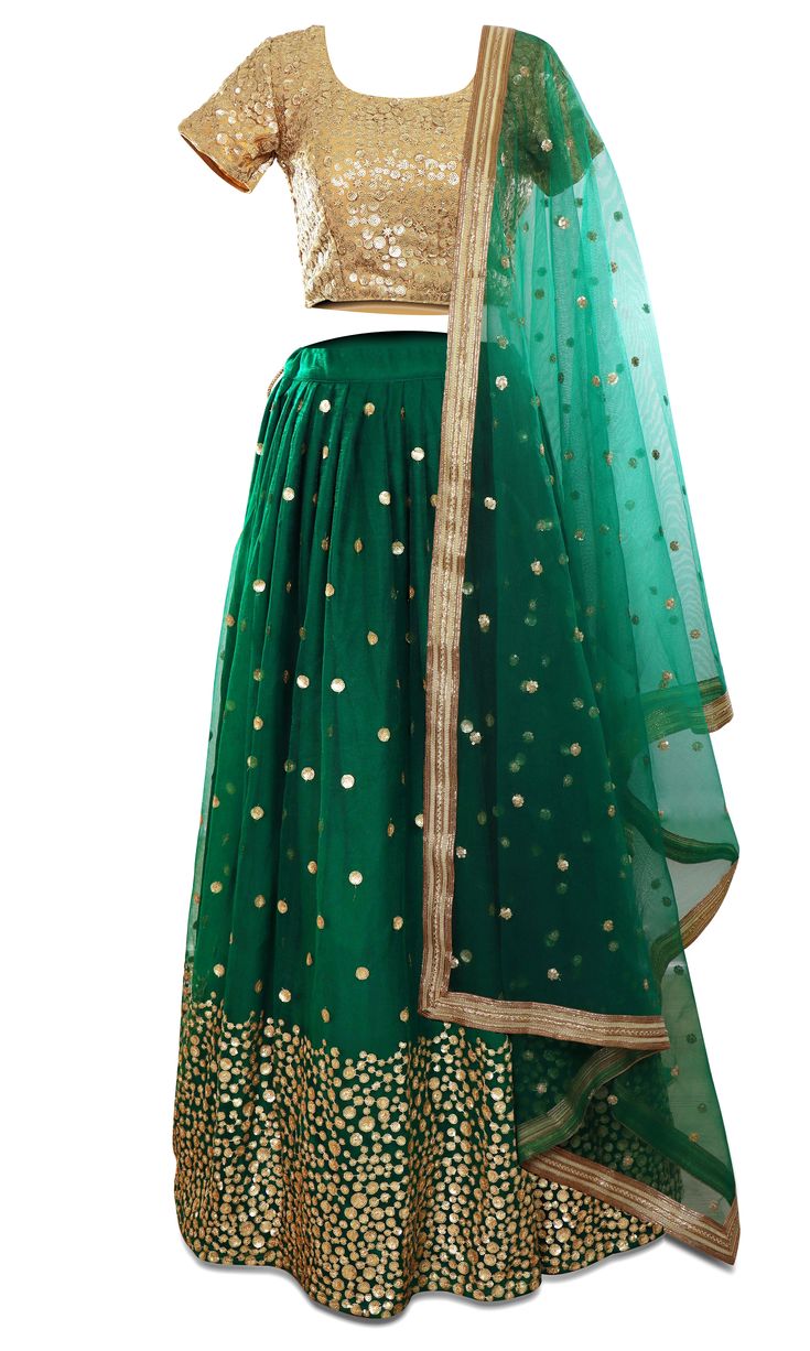 Gorgeous gold and green lehenga, 3-piece set. The blouse is covered in beautiful gold sequined embroidery. Green Sharara With Gota Work For Reception, Green Salwar Kameez With Gota Work For Reception, Bollywood Style Sequined Art Silk Dupatta, Pista Green Sequined Dupatta In Traditional Drape, Navratri Party Wear Traditional Sequined Clothing, Navratri Sequined Traditional Party Wear, Green Sequined Traditional Wear For Eid, Festive Art Silk Dupatta With Sequins, Diwali Anarkali Traditional Wear With Sequins