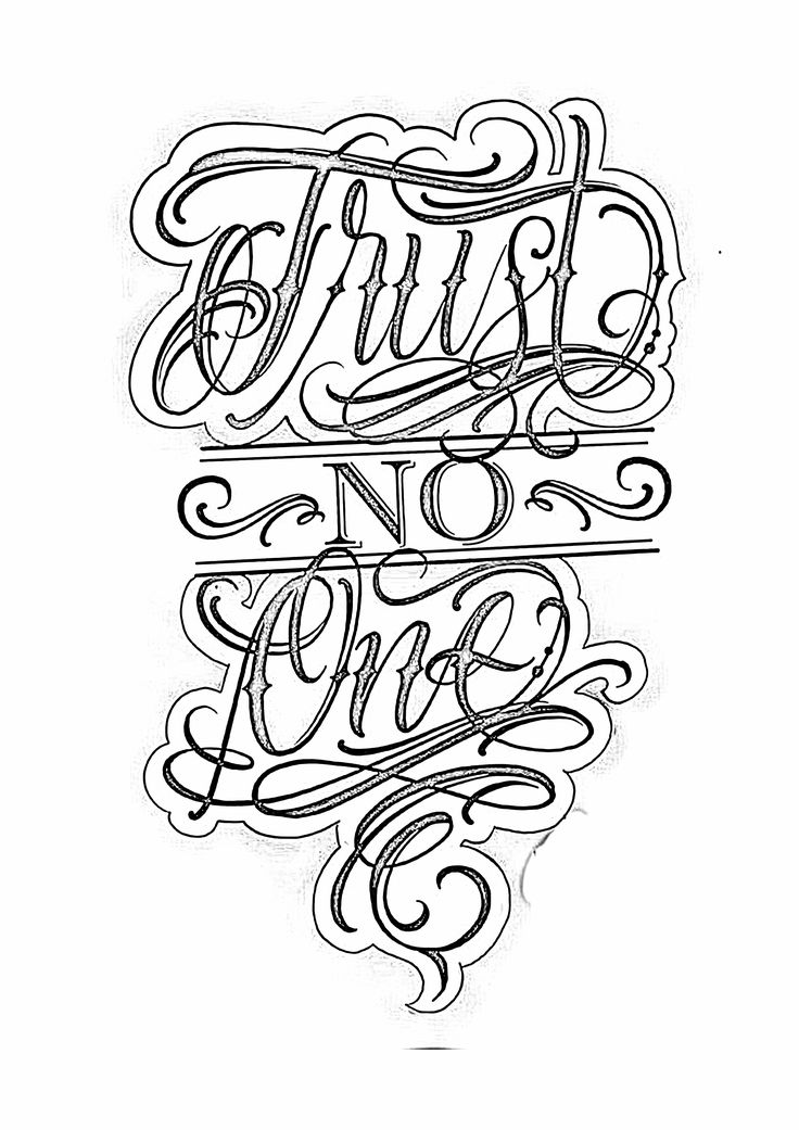 the words trust no one are written in cursive writing, with black ink