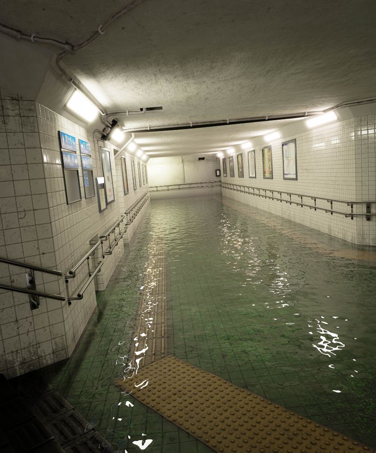 an empty swimming pool in a building with green tiles on the floor and water running through it